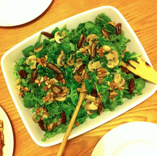 Curly kale, date, walnut, mushroom salad